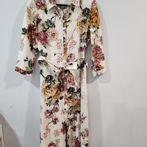 Zara Cream Floral Long Sleeve Shirt Dress with Pink & Mustard Flowers